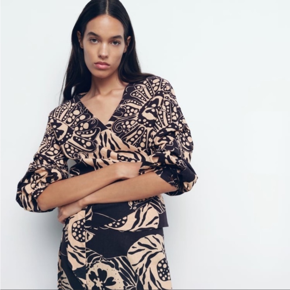 Zara PRINTED LINEN BLEND BLOUSE